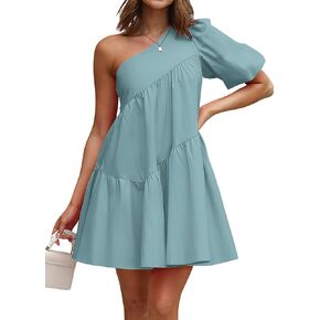 KIRUNDO Womens 2023 Summer Casual One Shoulder Mini Babydoll Dress Puff Sleeve Loose Tiered A Line Flowy Short Dresses