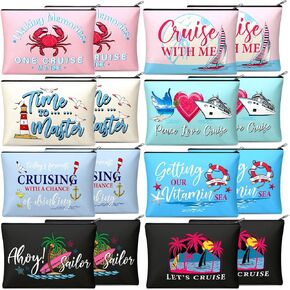 16 Pieces Cruise Survival Kit Cruise Travel Gift Cosmetic Bag Peace Love Cruise Pouch Travel Organizer Zipper Pouch for Family Cruise Lover Summer Vacation Gift (Canvas Base)
