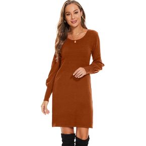 فستان سترة نسائي متوسط ​​الطول من Moss Rose، بياقة دائرية وأكمام منتفخة، فساتين طويلة محبوكة وقابلة للتمدد in Kuwait