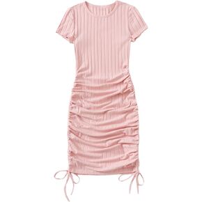 MakeMeChic Women's Casual Drawstring Side Round Neck Short Sleeve Bodycon Dress