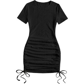 MakeMeChic Women's Casual Drawstring Side Round Neck Short Sleeve Bodycon Dress