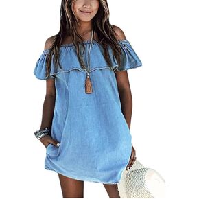 OQC Women's Blue Jean Dress Off Shoulder Ruffle Short Sleeve Loose Denim Mini Dress with Pocket