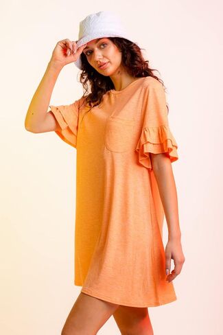 Model House International Women's T Shirts Mini Dress Ruffle Bell Short Sleeve French Terry Casual Loose Fit Chest Pocket in Saudi Arabia