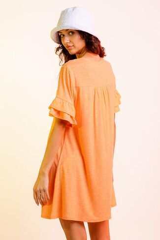 Model House International Women's T Shirts Mini Dress Ruffle Bell Short Sleeve French Terry Casual Loose Fit Chest Pocket in Saudi Arabia