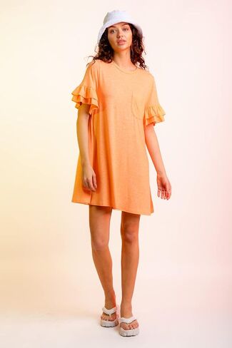 Model House International Women's T Shirts Mini Dress Ruffle Bell Short Sleeve French Terry Casual Loose Fit Chest Pocket in Saudi Arabia