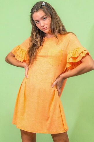 Model House International Women's T Shirts Mini Dress Ruffle Bell Short Sleeve French Terry Casual Loose Fit Chest Pocket in Saudi Arabia