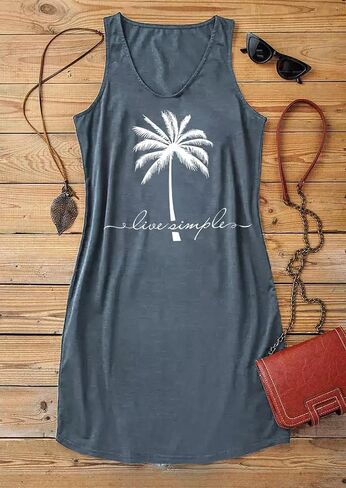فستان قصير بدون أكمام على شكل شجرة جوز الهند من Live Simple فستان Sunshine Sand Beach قصير للنساء صيفي كاجوال برقبة على شكل V فستان قصير in Kuwait