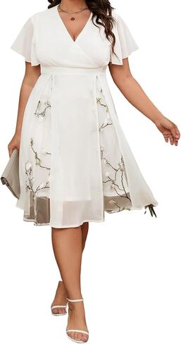 Floerns Women's Plus Size A Line Midi Dress Mesh Short Sleeve Wrap V Neck Embroidery Floral Dress in Kuwait