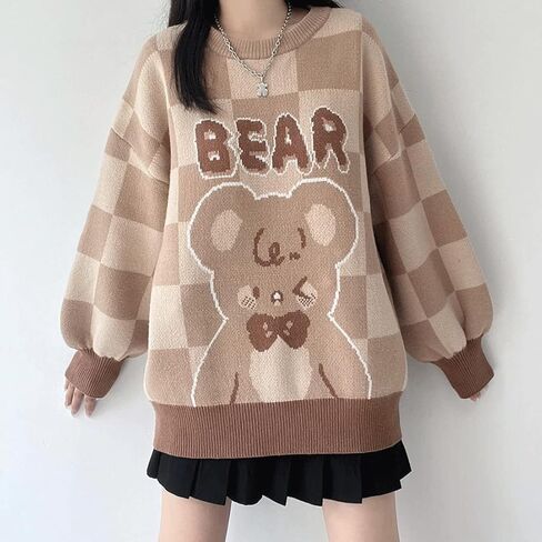 سترة بلوفر شبكية ناعمة على الموضة من Pastel Goth Harajuku برقبة دائرية كاواي محبوكة برسومات كرتونية على شكل دب وطباعة حروف in Kuwait