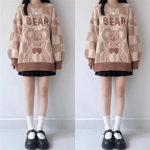 سترة بلوفر شبكية ناعمة على الموضة من Pastel Goth Harajuku برقبة دائرية كاواي محبوكة برسومات كرتونية على شكل دب وطباعة حروف in Kuwait