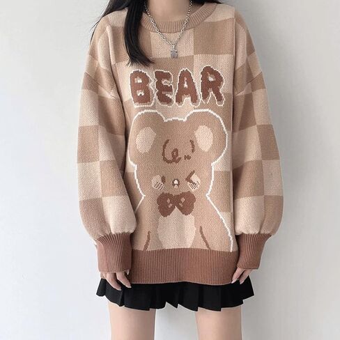سترة بلوفر شبكية ناعمة على الموضة من Pastel Goth Harajuku برقبة دائرية كاواي محبوكة برسومات كرتونية على شكل دب وطباعة حروف in Kuwait