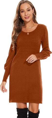 فستان سترة نسائي متوسط ​​الطول من Moss Rose، بياقة دائرية وأكمام منتفخة، فساتين طويلة محبوكة وقابلة للتمدد in Kuwait