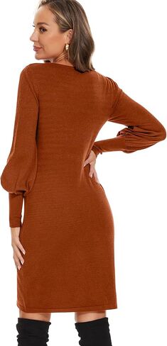 فستان سترة نسائي متوسط ​​الطول من Moss Rose، بياقة دائرية وأكمام منتفخة، فساتين طويلة محبوكة وقابلة للتمدد in Kuwait