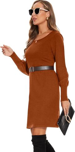 فستان سترة نسائي متوسط ​​الطول من Moss Rose، بياقة دائرية وأكمام منتفخة، فساتين طويلة محبوكة وقابلة للتمدد in Kuwait