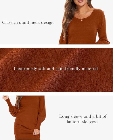 فستان سترة نسائي متوسط ​​الطول من Moss Rose، بياقة دائرية وأكمام منتفخة، فساتين طويلة محبوكة وقابلة للتمدد in Kuwait