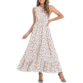 فستان CZYINXIAN نسائي صيفي بدون أكمام بربطة عنق عالي الخصر فستان بوهو غير رسمي مطبوع عليه زهور وحاشية مكشكشة فساتين طويلة للشاطئ in Kuwait