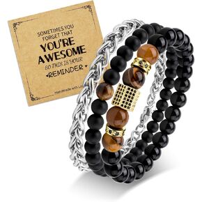 FANCIBAND Triple Stackable Obsidian Bracelets for Men, Natural Tiger Eye stone Mens Black Bead Bracelet Stainless Steel Chain Bracelet Set，Handmade Jewelry Encouragement Gifts for Men Teen Boys