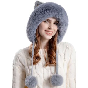 Fluffy Cat Ears Winter Beanie Hats for Women Warm Knit Fleece Lined Earflaps Snow Hats Skull Cap with Pompom