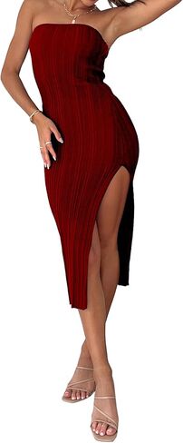 فستان Vrtige نسائي مثير بدون حمالات بدون أكمام وحاشية مضلعة مضلعة متوسطة الطول in Kuwait