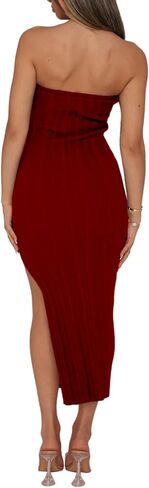 فستان Vrtige نسائي مثير بدون حمالات بدون أكمام وحاشية مضلعة مضلعة متوسطة الطول in Kuwait