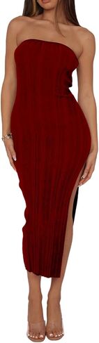 فستان Vrtige نسائي مثير بدون حمالات بدون أكمام وحاشية مضلعة مضلعة متوسطة الطول in Kuwait