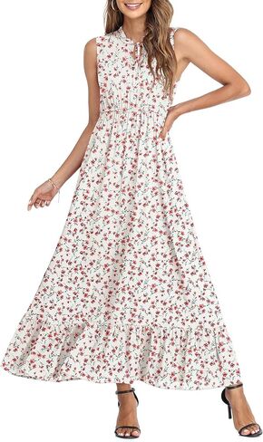 فستان CZYINXIAN نسائي صيفي بدون أكمام بربطة عنق عالي الخصر فستان بوهو غير رسمي مطبوع عليه زهور وحاشية مكشكشة فساتين طويلة للشاطئ in Kuwait