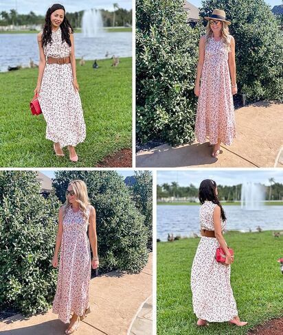 فستان CZYINXIAN نسائي صيفي بدون أكمام بربطة عنق عالي الخصر فستان بوهو غير رسمي مطبوع عليه زهور وحاشية مكشكشة فساتين طويلة للشاطئ in Kuwait