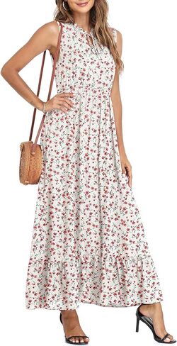 فستان CZYINXIAN نسائي صيفي بدون أكمام بربطة عنق عالي الخصر فستان بوهو غير رسمي مطبوع عليه زهور وحاشية مكشكشة فساتين طويلة للشاطئ in Kuwait