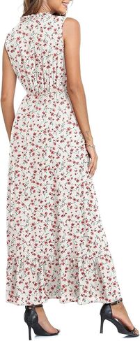 فستان CZYINXIAN نسائي صيفي بدون أكمام بربطة عنق عالي الخصر فستان بوهو غير رسمي مطبوع عليه زهور وحاشية مكشكشة فساتين طويلة للشاطئ in Kuwait