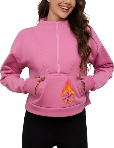 Viracy كنزات نسائية مقصوصة من الصوف مبطنة بنصف سحاب بلوفر برقبة عالية وأكمام طويلة وفتحة إبهام in Kuwait