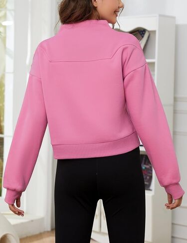 Viracy كنزات نسائية مقصوصة من الصوف مبطنة بنصف سحاب بلوفر برقبة عالية وأكمام طويلة وفتحة إبهام in Kuwait