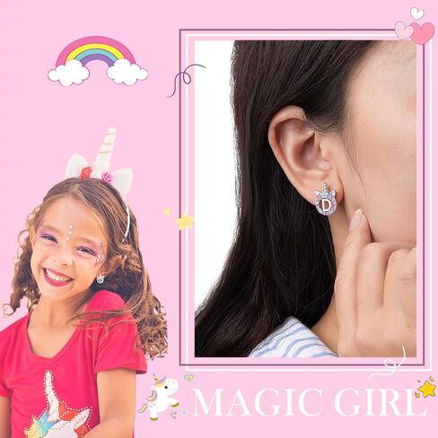 Initial Unicorn Stud Earrings Silver CZ Unicorn Earrings for Girls with Card, Birthday Valentines' Day Graduation Christmas Back to School Gifts in Saudi Arabia