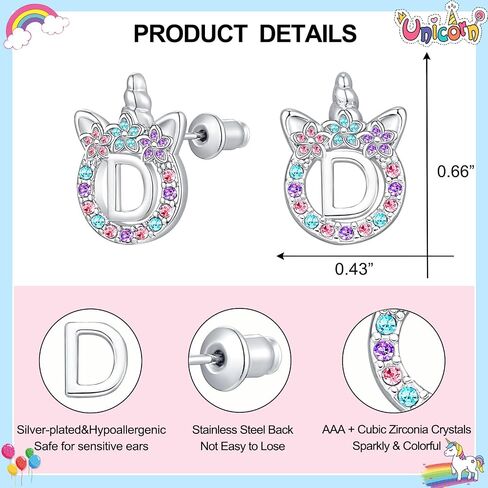 Initial Unicorn Stud Earrings Silver CZ Unicorn Earrings for Girls with Card, Birthday Valentines' Day Graduation Christmas Back to School Gifts in Saudi Arabia