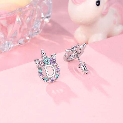 Initial Unicorn Stud Earrings Silver CZ Unicorn Earrings for Girls with Card, Birthday Valentines' Day Graduation Christmas Back to School Gifts in Saudi Arabia