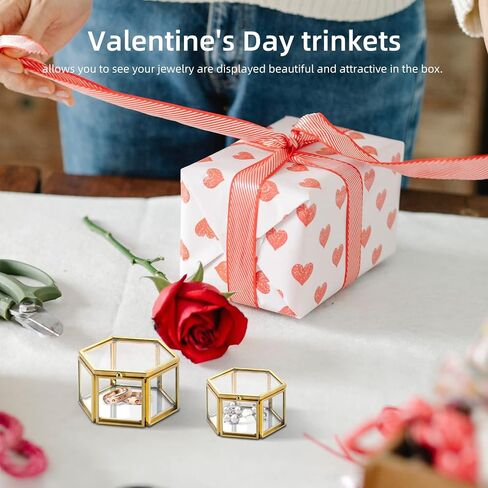 Set Of 2 Gold Hexagon Vintage Glass Jewelry Box-Geometric Decorative Box Ring Earring Display Organizer Keepsake Box for Wedding Birthday Gift in Saudi Arabia