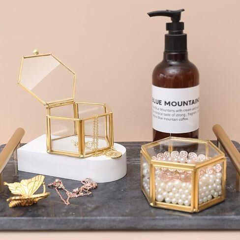 Set Of 2 Gold Hexagon Vintage Glass Jewelry Box-Geometric Decorative Box Ring Earring Display Organizer Keepsake Box for Wedding Birthday Gift in Saudi Arabia