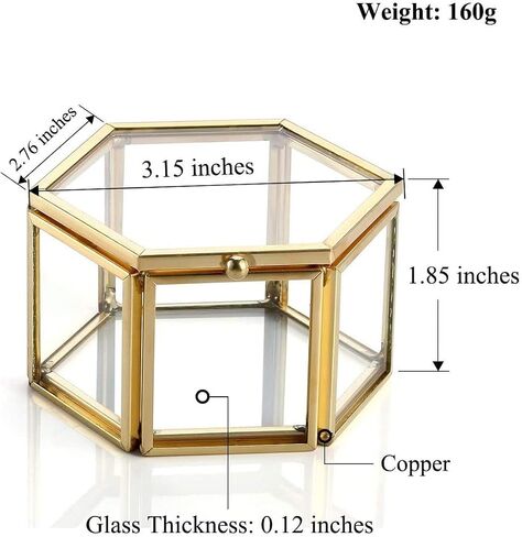 Set Of 2 Gold Hexagon Vintage Glass Jewelry Box-Geometric Decorative Box Ring Earring Display Organizer Keepsake Box for Wedding Birthday Gift in Saudi Arabia