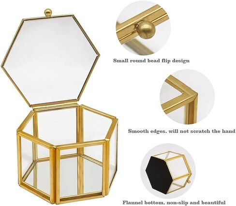 Set Of 2 Gold Hexagon Vintage Glass Jewelry Box-Geometric Decorative Box Ring Earring Display Organizer Keepsake Box for Wedding Birthday Gift in Saudi Arabia