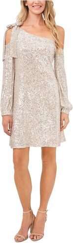 CeCe One Shoulder Ruffled Sequin Dress Champagne LG in Saudi Arabia