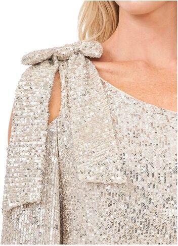 CeCe One Shoulder Ruffled Sequin Dress Champagne LG in Saudi Arabia