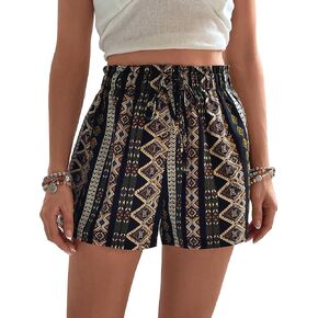 Cozyease Women's Boho Geometric Print High Rise Elastic Paperbag Waist Wide Leg Loose Fit Shorts in Kuwait