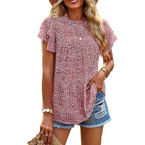 PRETTYGARDEN المرأة عارضة الصيف قمم كشكش قصيرة الأكمام وهمية الرقبة الأزياء الأزهار بلوزة شيفون قمصان in Kuwait