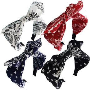Lvyeer Paisley Print Wide Bow Headbands for Women Bandana Rabbit ear Elastic Hairband Cute Knot Headbands Hair Accessories (Style 1: (Red, white, Navy, black)