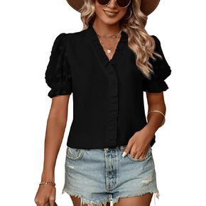 SweatyRocks Women's Short Puff Sleeve V Neck Shirt Swiss Dots Ruffle Trim Casual Blouse Top
