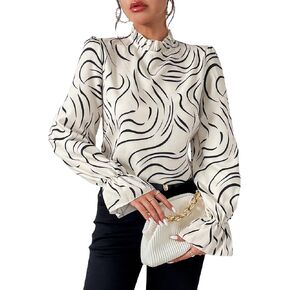 MakeMeChic Women's Casual Graphic Print Long Sleeve Ruffle Mock Neck Blouse Shirt Top in Saudi Arabia