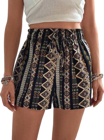 Cozyease Women's Boho Geometric Print High Rise Elastic Paperbag Waist Wide Leg Loose Fit Shorts in Kuwait