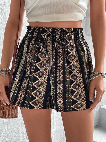 Cozyease Women's Boho Geometric Print High Rise Elastic Paperbag Waist Wide Leg Loose Fit Shorts in Kuwait