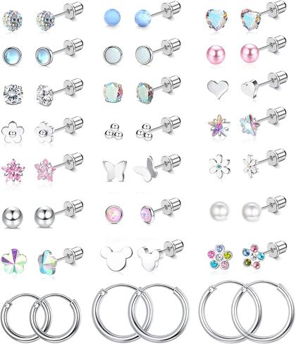 Jstyle 24 Pairs Hypoallergenic Screw Back Earrings for Girls Women Surgical Steel Tiny Heart Flower Flat Back Stud Earrings Cute Hoop Earrings Jewelry Set in Kuwait
