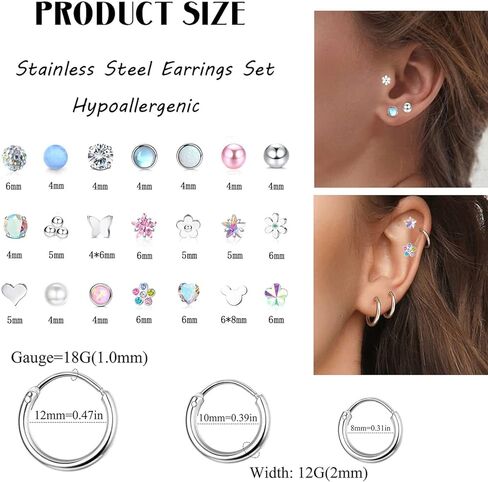 Jstyle 24 Pairs Hypoallergenic Screw Back Earrings for Girls Women Surgical Steel Tiny Heart Flower Flat Back Stud Earrings Cute Hoop Earrings Jewelry Set in Kuwait