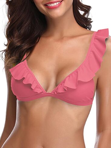 SHEKINI Women's Ruffles Flounce Cute Bikini Solid Deep V Neck Swimsuit Top in Saudi Arabia